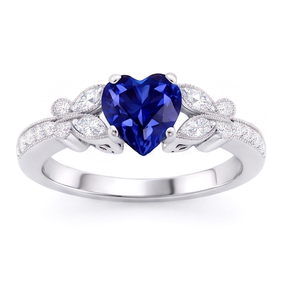 Natural Earth Mined Diamond Heart Shaped Blue Sapphire Ring 2.50 Carats Butterfly Style