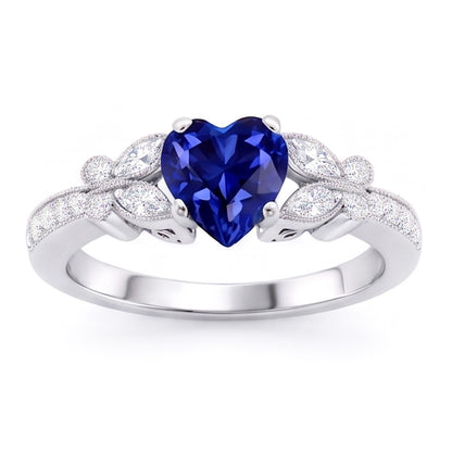 Natural Earth Mined Diamond Heart Shaped Blue Sapphire Ring 2.50 Carats Butterfly Style