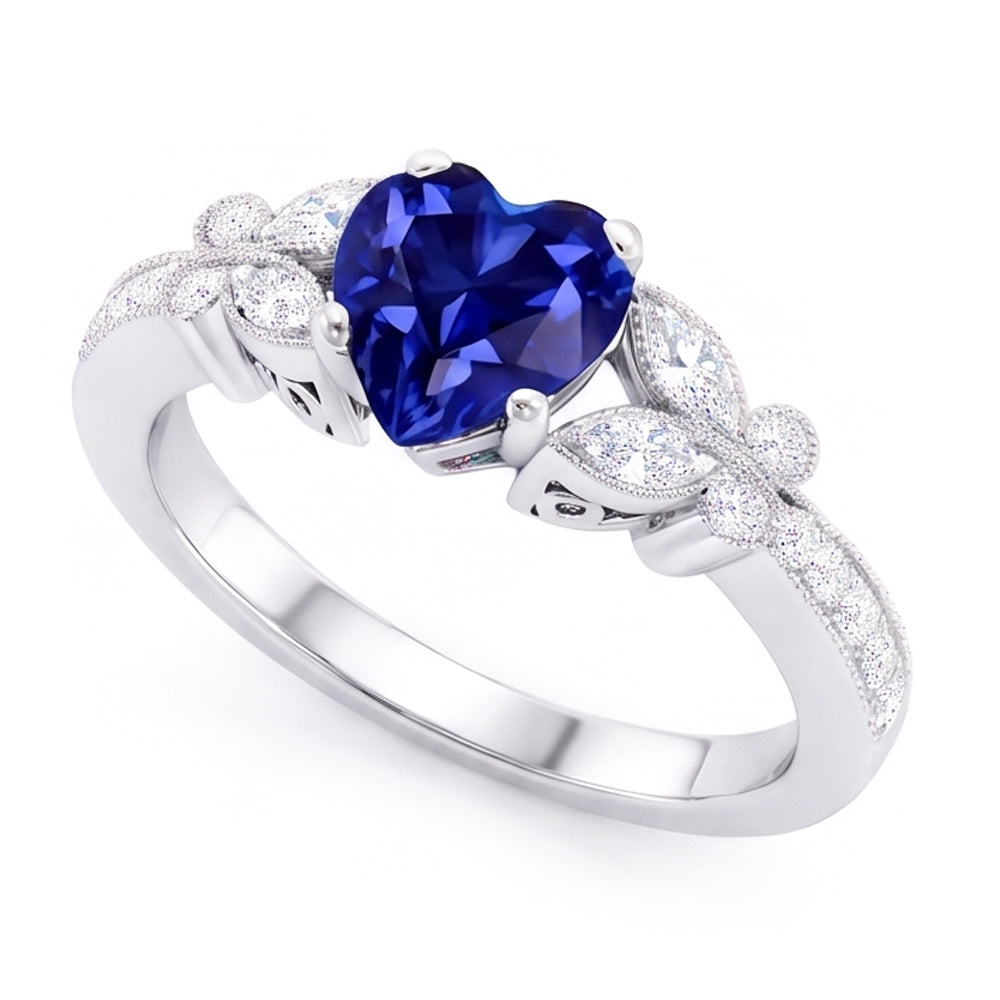 Natural Earth Mined Diamond Heart Shaped Blue Sapphire Ring 2.50 Carats Butterfly Style