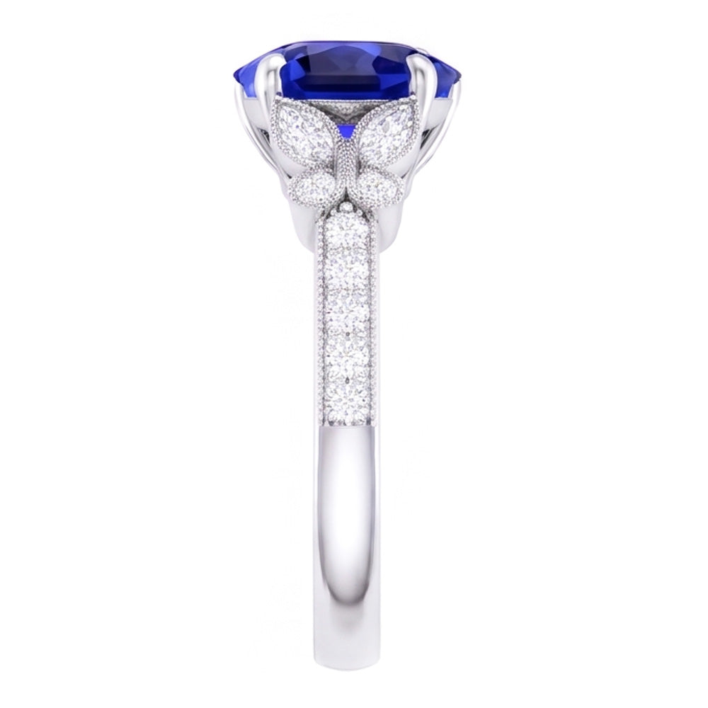 Natural Earth Mined Diamond Heart Shaped Blue Sapphire Ring 2.50 Carats Butterfly Style