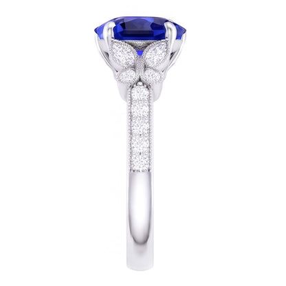 Natural Earth Mined Diamond Heart Shaped Blue Sapphire Ring 2.50 Carats Butterfly Style