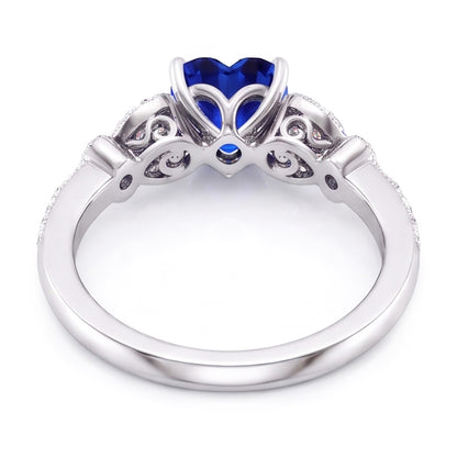 Natural Earth Mined Diamond Heart Shaped Blue Sapphire Ring 2.50 Carats Butterfly Style