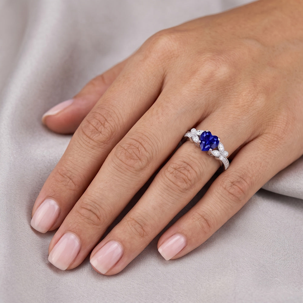 Natural Earth Mined Diamond Heart Shaped Blue Sapphire Ring 2.50 Carats Butterfly Style