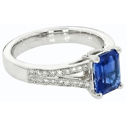 Natural Earth Mined Diamond Jewelry Emerald Cut Blue Sapphire Ring Split Shank 3 Carats