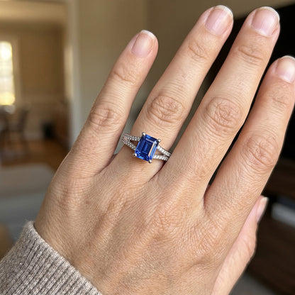 Natural Earth Mined Diamond Jewelry Emerald Cut Blue Sapphire Ring Split Shank 3 Carats