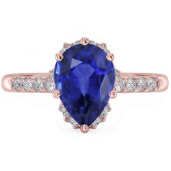 Natural Earth Mined Diamond Jewelry Halo Pear Blue Sapphire Ring 4 Carats Rose Gold 14K