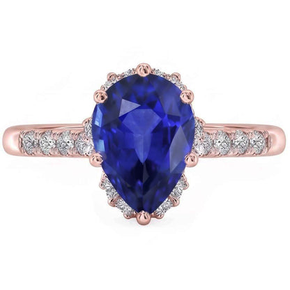 Natural Earth Mined Diamond Jewelry Halo Pear Blue Sapphire Ring 4 Carats Rose Gold 14K