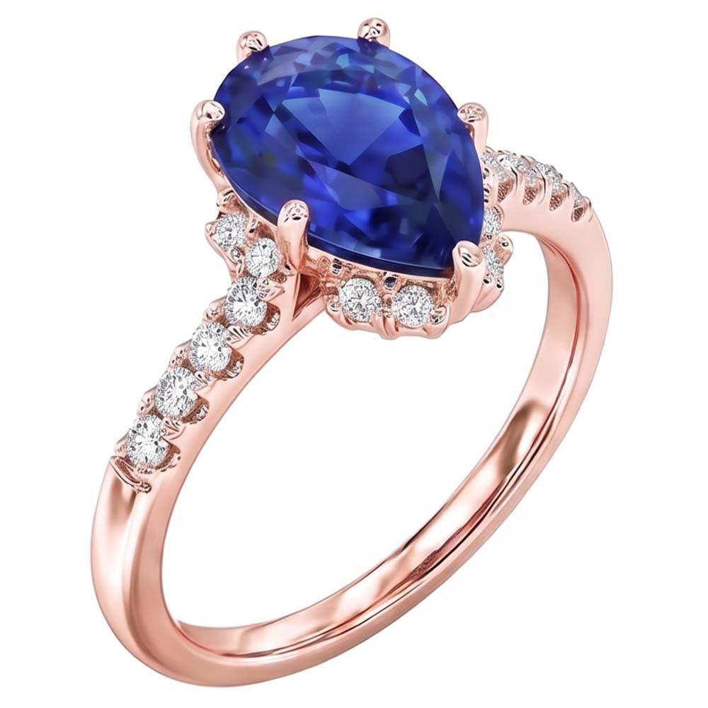 Natural Earth Mined Diamond Jewelry Halo Pear Blue Sapphire Ring 4 Carats Rose Gold 14K