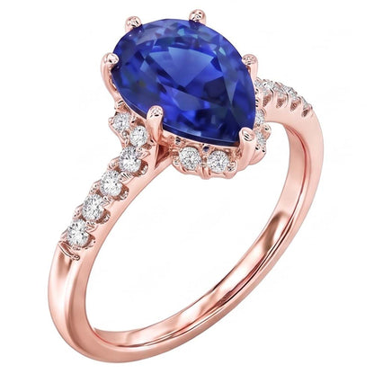Natural Earth Mined Diamond Jewelry Halo Pear Blue Sapphire Ring 4 Carats Rose Gold 14K