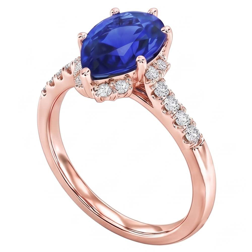 Natural Earth Mined Diamond Jewelry Halo Pear Blue Sapphire Ring 4 Carats Rose Gold 14K