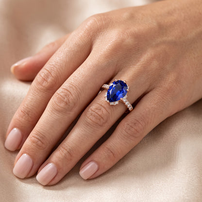Natural Earth Mined Diamond Jewelry Halo Pear Blue Sapphire Ring 4 Carats Rose Gold 14K
