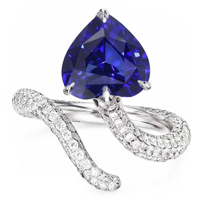 Natural Earth Mined Diamond Jewelry Heart Blue Sapphire Ring Twisted Style 5 Carats