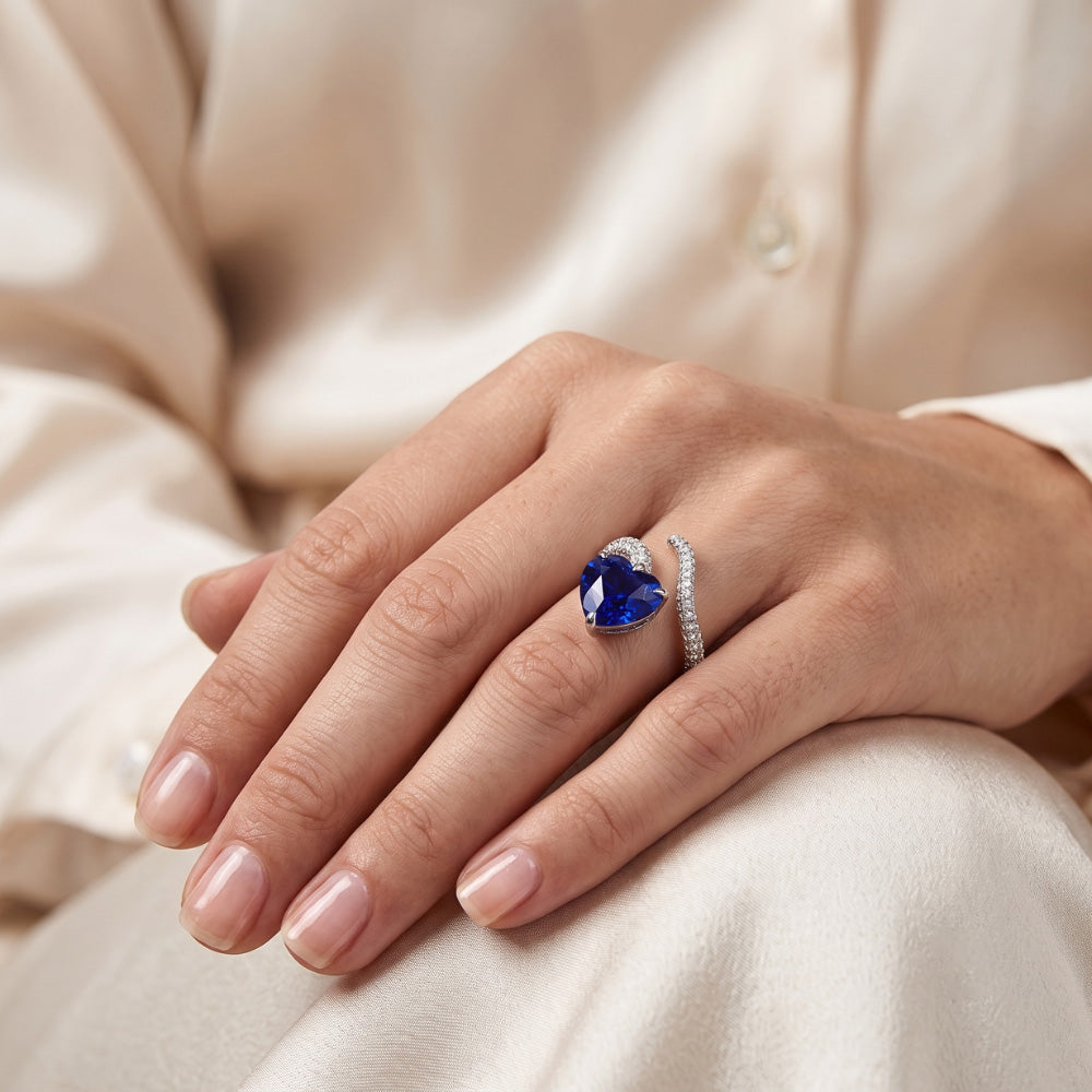 Natural Earth Mined Diamond Jewelry Heart Blue Sapphire Ring Twisted Style 5 Carats