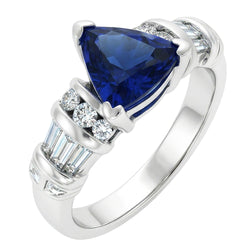 Natural Earth Mined Diamond Jewelry Trillion Sapphire Ring 2 Carats 14K White Gold