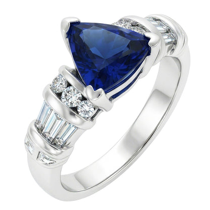 Natural Earth Mined Diamond Jewelry Trillion Sapphire Ring 2 Carats 14K White Gold