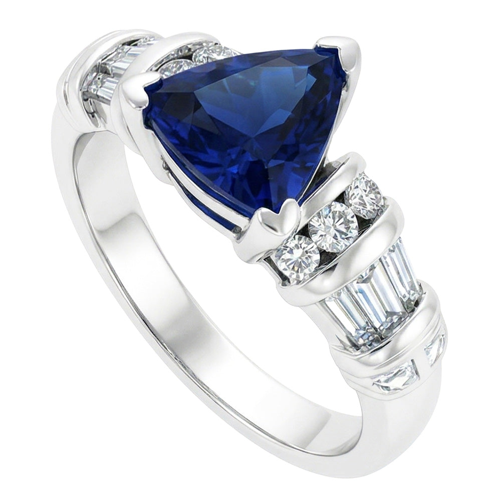 Natural Earth Mined Diamond Jewelry Trillion Sapphire Ring 2 Carats 14K White Gold