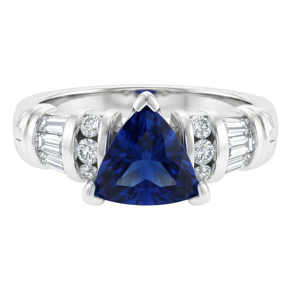 Natural Earth Mined Diamond Jewelry Trillion Sapphire Ring 2 Carats 14K White Gold