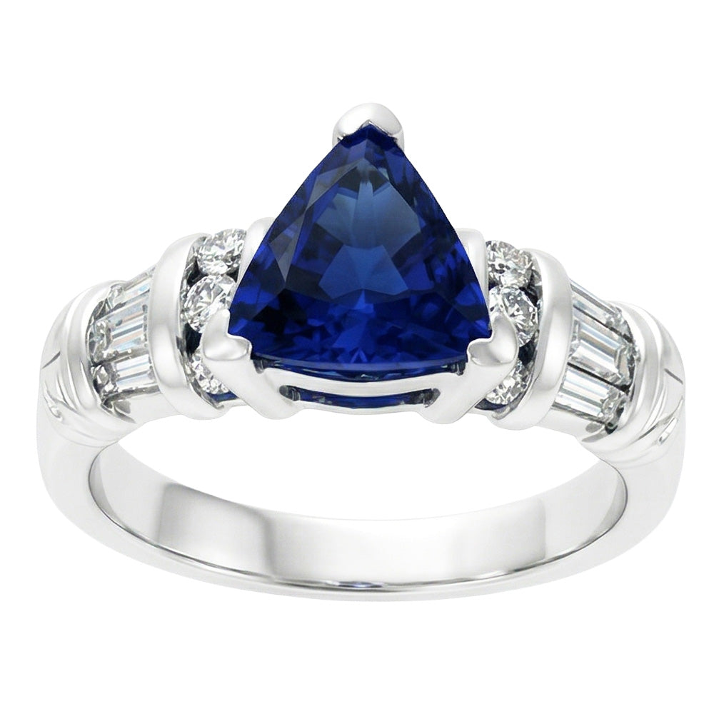 Natural Earth Mined Diamond Jewelry Trillion Sapphire Ring 2 Carats 14K White Gold