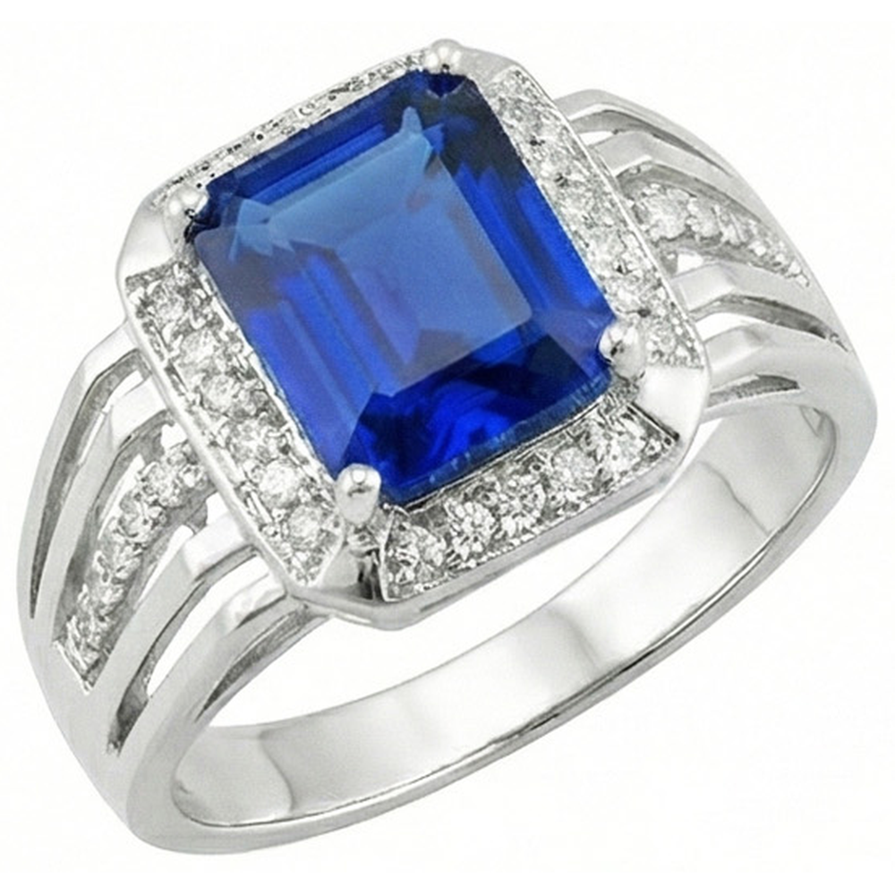 Natural Earth Mined Diamond Men’s Ring Emerald Cut Blue Sapphire With Accents 3.50 Carats