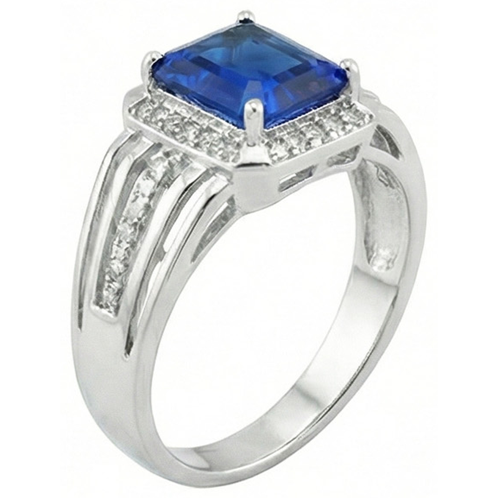 Natural Earth Mined Diamond Men’s Ring Emerald Cut Blue Sapphire With Accents 3.50 Carats
