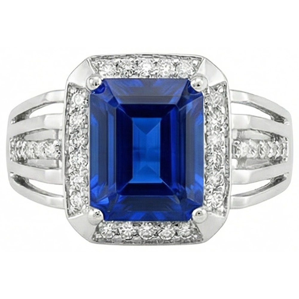 Natural Earth Mined Diamond Men’s Ring Emerald Cut Blue Sapphire With Accents 3.50 Carats