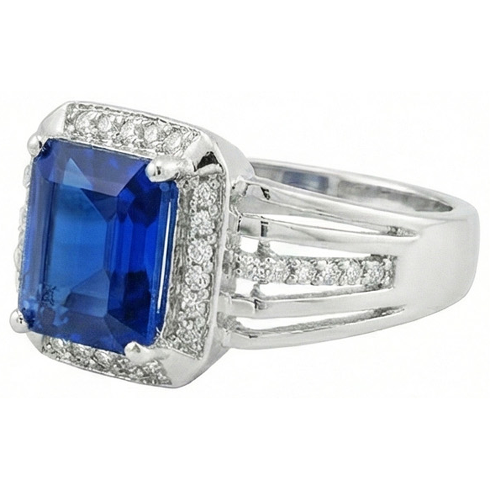 Natural Earth Mined Diamond Men’s Ring Emerald Cut Blue Sapphire With Accents 3.50 Carats
