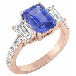 Natural Earth Mined Diamond Ring 3 Stone Style Emerald Blue Sapphire Rose Gold 3 Carats