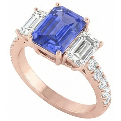 Natural Earth Mined Diamond Ring 3 Stone Style Emerald Blue Sapphire Rose Gold 3 Carats