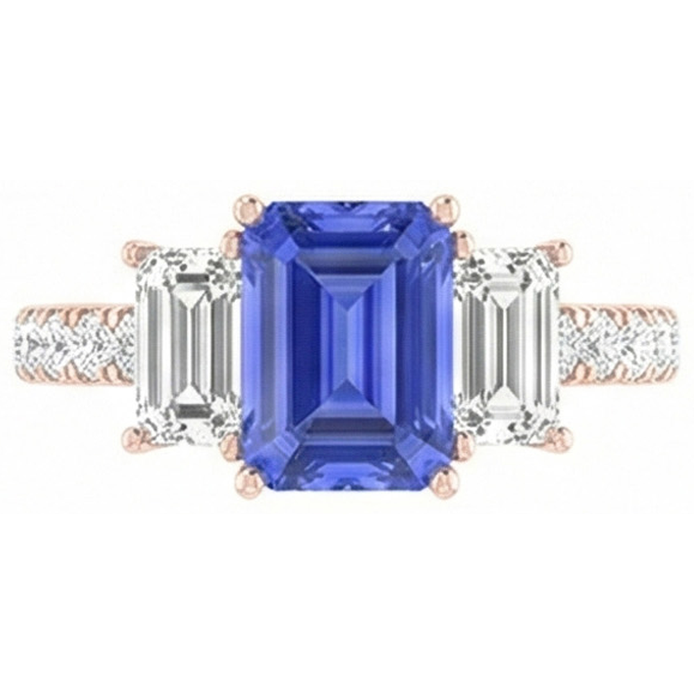 Natural Earth Mined Diamond Ring 3 Stone Style Emerald Blue Sapphire Rose Gold 3 Carats