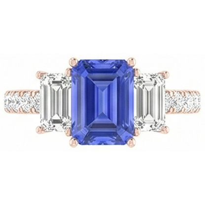 Natural Earth Mined Diamond Ring 3 Stone Style Emerald Blue Sapphire Rose Gold 3 Carats