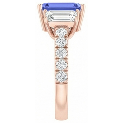 Natural Earth Mined Diamond Ring 3 Stone Style Emerald Blue Sapphire Rose Gold 3 Carats