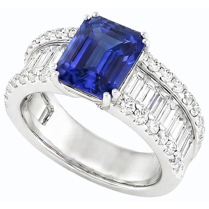Natural Earth Mined Diamond Ring Blue Emerald Sapphire 3.50 Carats Channel Set Baguettes