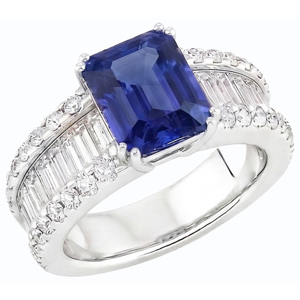 Natural Earth Mined Diamond Ring Blue Emerald Sapphire 3.50 Carats Channel Set Baguettes