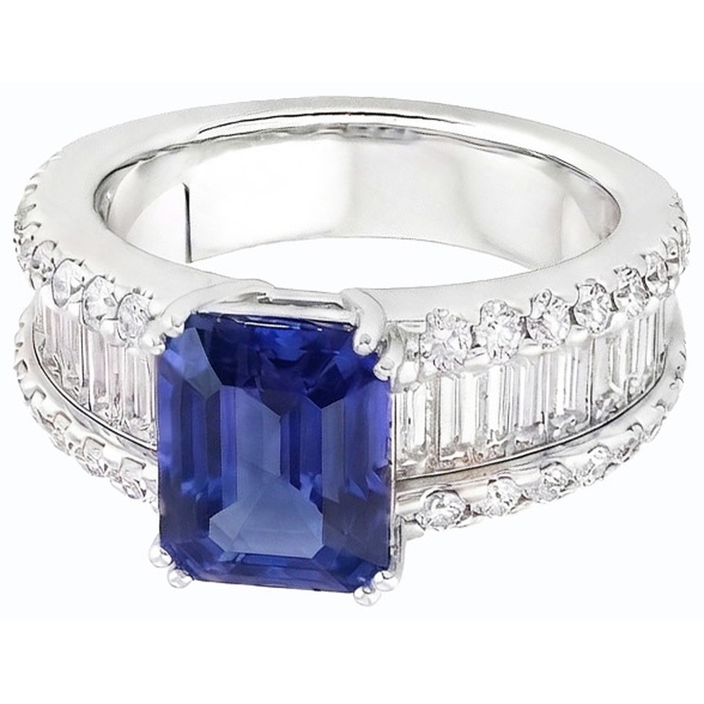 Natural Earth Mined Diamond Ring Blue Emerald Sapphire 3.50 Carats Channel Set Baguettes