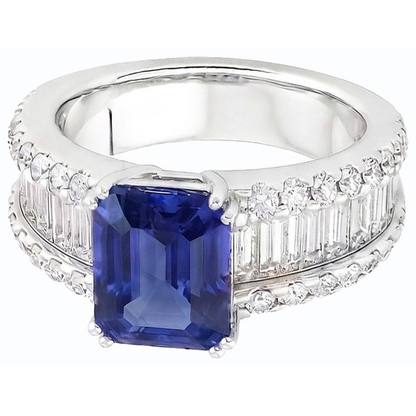 Natural Earth Mined Diamond Ring Blue Emerald Sapphire 3.50 Carats Channel Set Baguettes