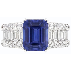 Natural Earth Mined Diamond Ring Blue Emerald Sapphire 3.50 Carats Channel Set Baguettes