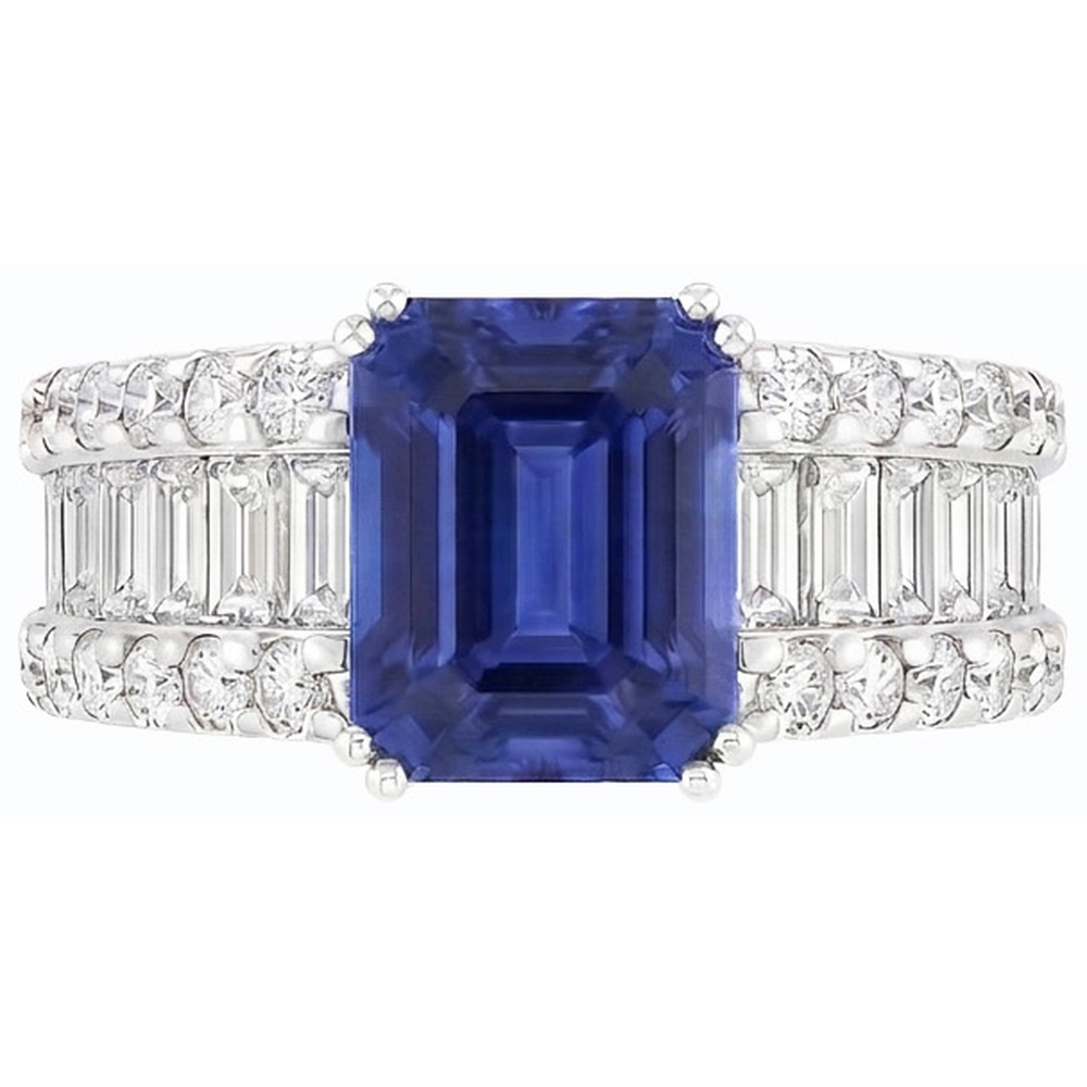 Natural Earth Mined Diamond Ring Blue Emerald Sapphire 3.50 Carats Channel Set Baguettes