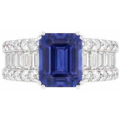 Natural Earth Mined Diamond Ring Blue Emerald Sapphire 3.50 Carats Channel Set Baguettes
