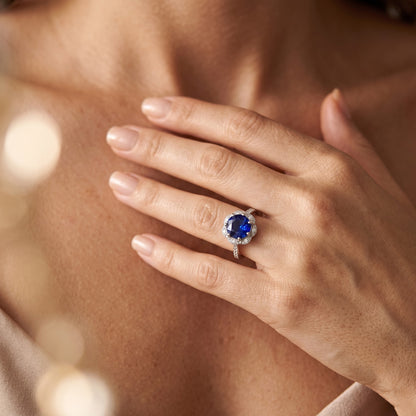 Natural Earth Mined Diamond Ring Halo Round Sapphire Flower Style 3 Carats Tapered Shank
