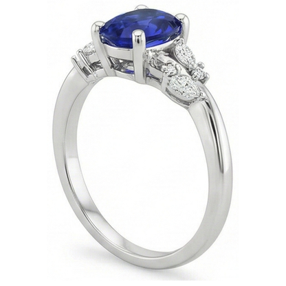 Natural Earth Mined Diamond Ring Oval Blue Sapphire With Marquise & Round Stones 4 Carats