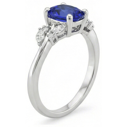 Natural Earth Mined Diamond Ring Oval Blue Sapphire With Marquise & Round Stones 4 Carats