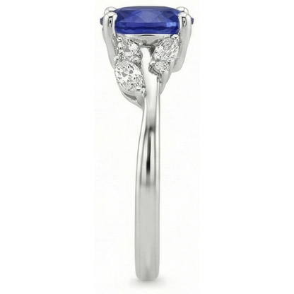 Natural Earth Mined Diamond Ring Oval Blue Sapphire With Marquise & Round Stones 4 Carats