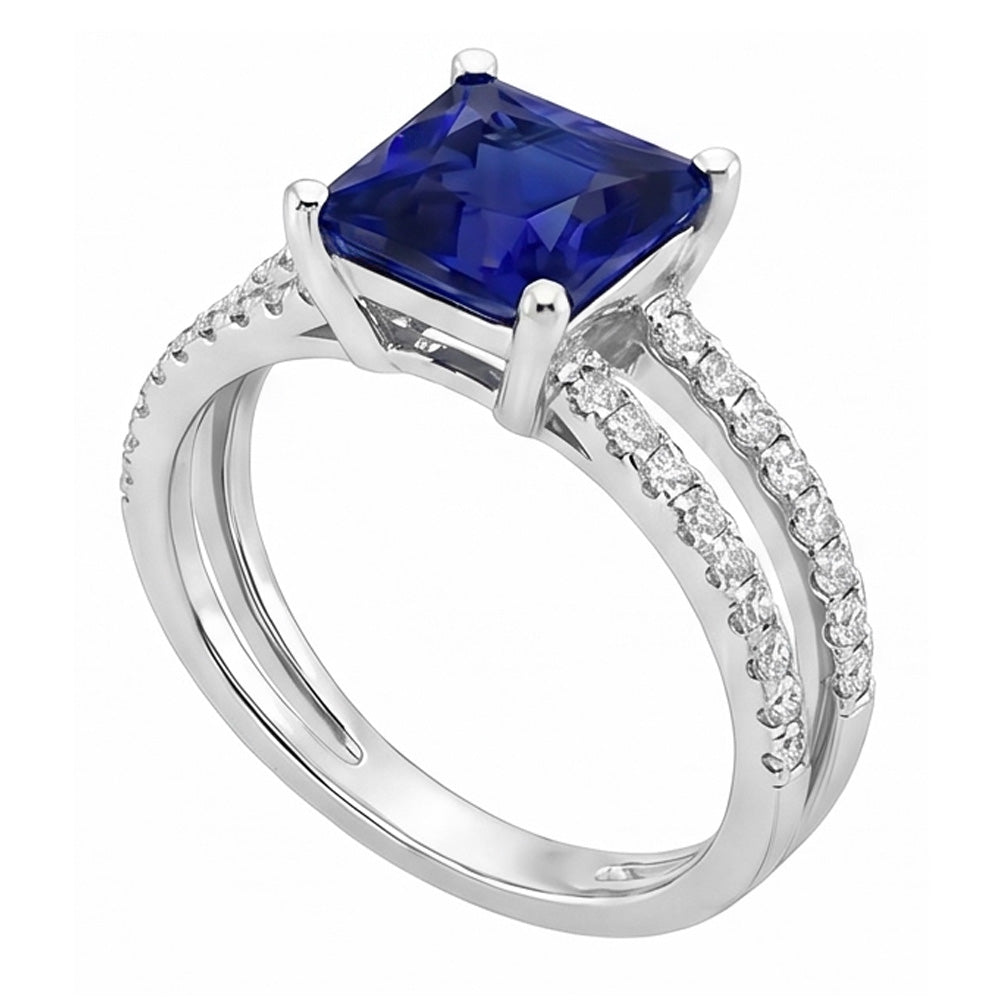 Natural Earth Mined Diamond Ring Princess Cut Sapphire With Accents Split Shank 6 Carats