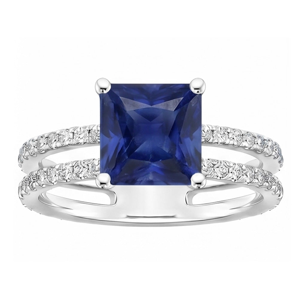 Natural Earth Mined Diamond Ring Princess Cut Sapphire With Accents Split Shank 6 Carats