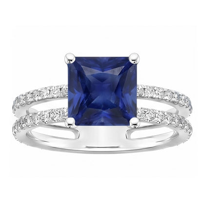 Natural Earth Mined Diamond Ring Princess Cut Sapphire With Accents Split Shank 6 Carats
