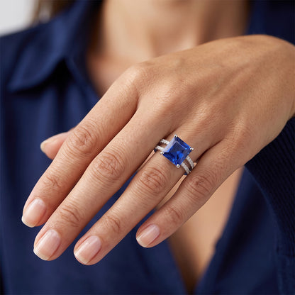 Natural Earth Mined Diamond Ring Princess Cut Sapphire With Accents Split Shank 6 Carats