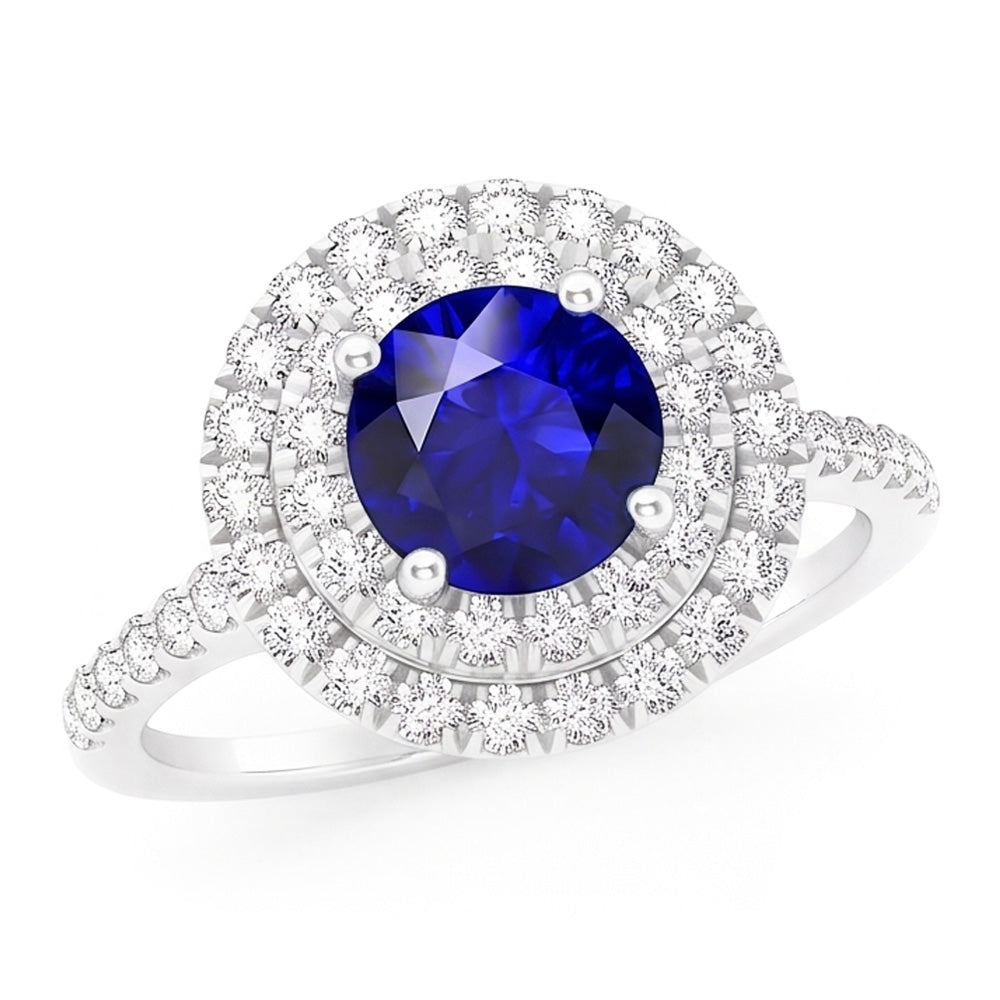 Natural Earth Mined Diamond Round Blue Sapphire Ring Double Halo 4 Carats Women's Gold 14K