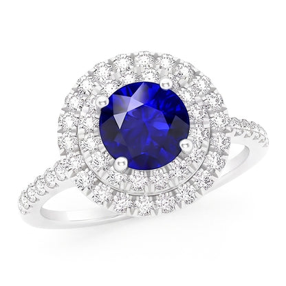Natural Earth Mined Diamond Round Blue Sapphire Ring Double Halo 4 Carats Women's Gold 14K
