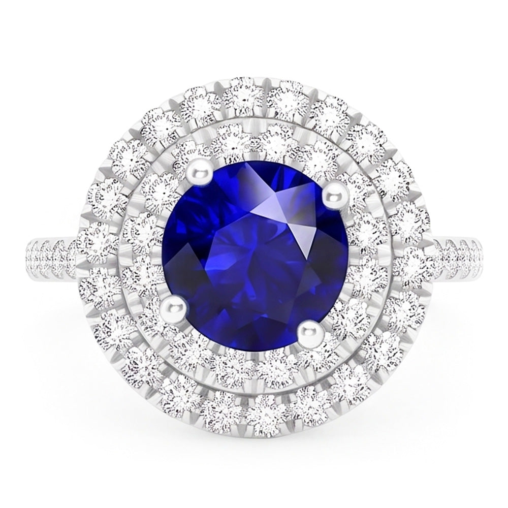 Natural Earth Mined Diamond Round Blue Sapphire Ring Double Halo 4 Carats Women's Gold 14K