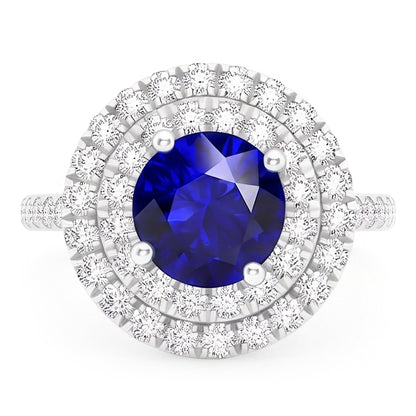 Natural Earth Mined Diamond Round Blue Sapphire Ring Double Halo 4 Carats Women's Gold 14K